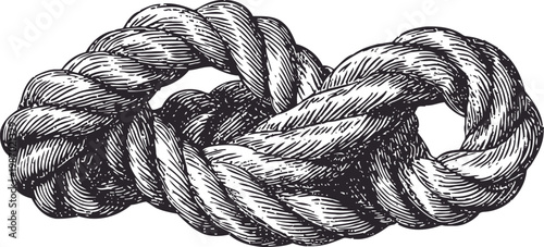 Detailed vintage black and white drawing of a twisted rope knot isolated on white background