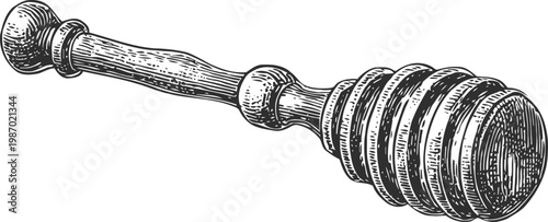Wooden honey dipper utensil classic kitchen tool for serving honey and syrup vintage engraved illustration