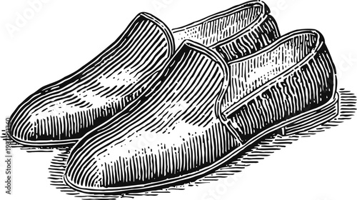 Vintage men's slip on shoes illustration in black and white with detailed texture and shading