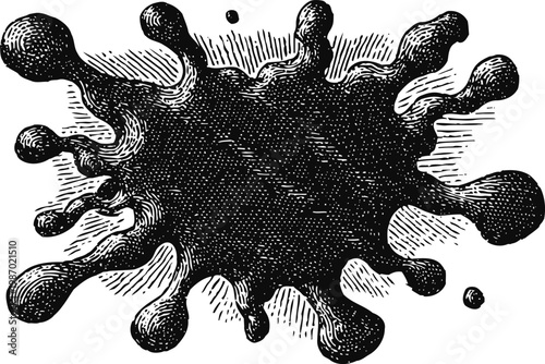 Vintage black ink splash with detailed textured shading isolated on white background