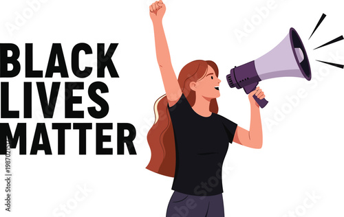 Black lives matter protest illustration woman with megaphone isolated on transparent background
