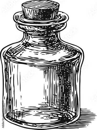 Vintage glass bottle with stopper, detailed hand drawn ink illustration of empty container
