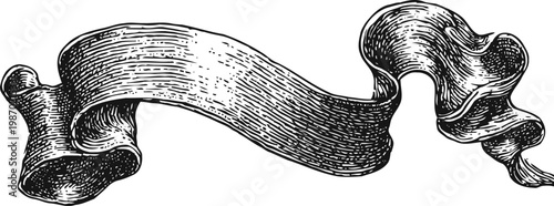 Vintage ribbon banner design curved empty scroll ribbon with intricate shading and curled ends decorative antique graphic element