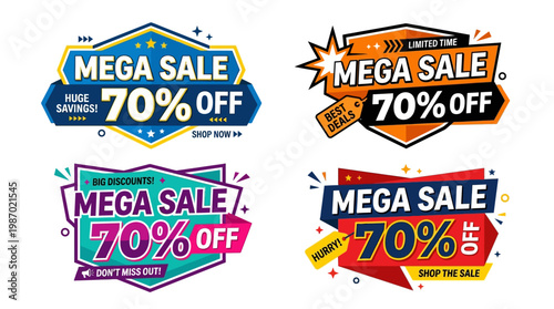 Set of Four Colorful Mega Sale Badges with 70% Off