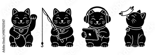 Black and white solid silhouette lucky cat vector icons showing funny modern lifestyle activities listening music fishing and eating isolated on white background.