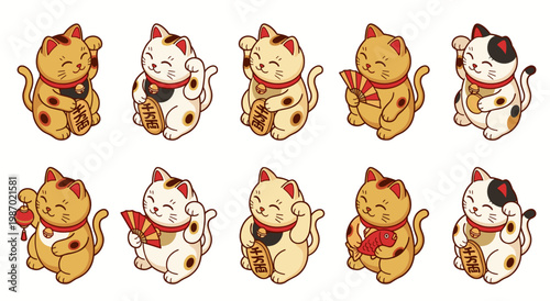 Traditional golden and white Japanese lucky cat vector collection holding golden coin lantern and fan for prosperity wealth and good fortune decoration design elements.