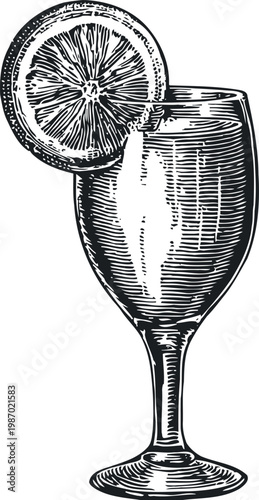 Vintage hand drawn illustration of a cocktail glass with a lemon slice garnish