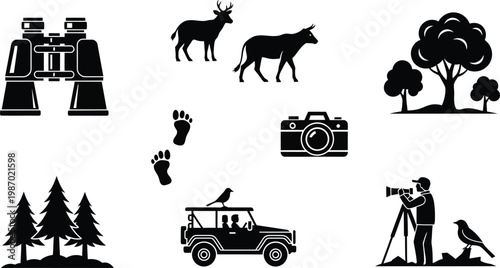 Safari adventure icons set isolated on transparent background wildlife and exploration elements