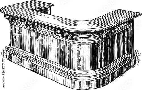 Vintage wooden bar counter with decorative panels in classic style, retro furniture detailed illustration