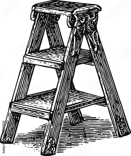Wooden step ladder vintage hand drawn folding stairs for climbing classic rustic home tool illustration
