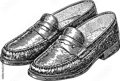 Classic men's loafers shoes detailed vintage engraving isolated on white background