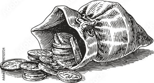 Vintage sack spilling coins illustration, old money bag with stacked currency, financial savings concept