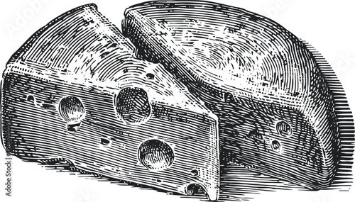 Vintage hand drawn illustration of round cheese wheel and wedge with holes on white background
