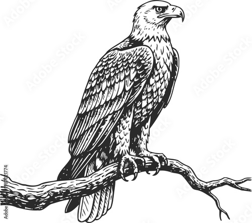 eagle perched on a tree branch detailed black and white hand drawn bird of prey illustration
