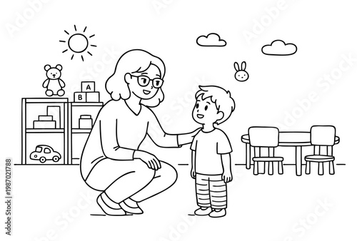 Mother talking with child in kindergarten scene. Simple hand drawn interior with toys and furniture. Vector black ink illustration, parenting and education concept for design.