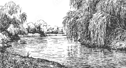 River landscape with flowing water and weeping willow trees by the bank in black and white sketch