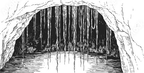 dark cave entrance with hanging stalactites and calm underground water inside