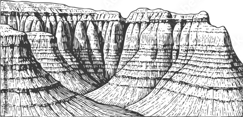 Hand drawn canyon landscape with layered rock formations and steep cliffs in black and white