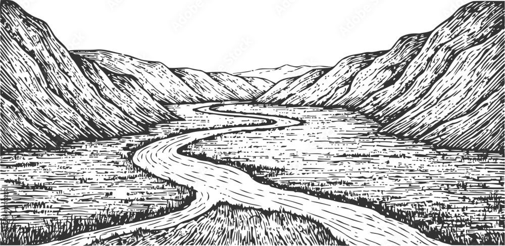 Obraz premium river winding through mountain valley landscape sketch with flowing water and rugged hills