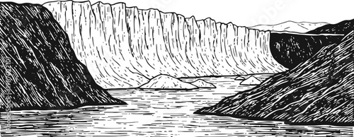 Monochrome hand drawn fjord landscape with cliffs and calm water in black and white ink