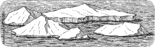 Vintage illustration of icy mountains and floating icebergs in a cold ocean landscape