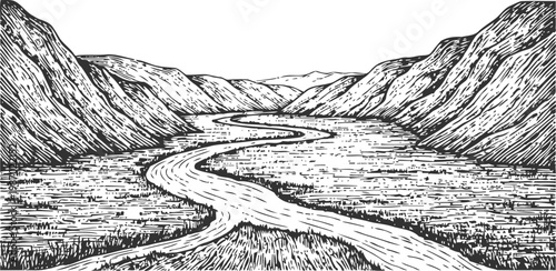 river winding through mountain valley landscape sketch with flowing water and rugged hills