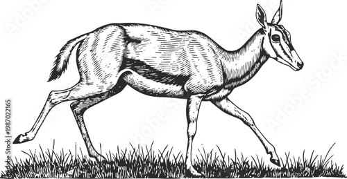 Black and white antelope illustration running in grass with detailed line art