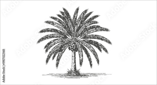 Detailed black and white illustration of a mature palm tree with a cluster of dates hanging from the fronds
