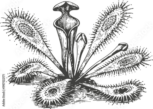 Illustration of a carnivorous sundew plant with sticky tentacles and a pitcher trap