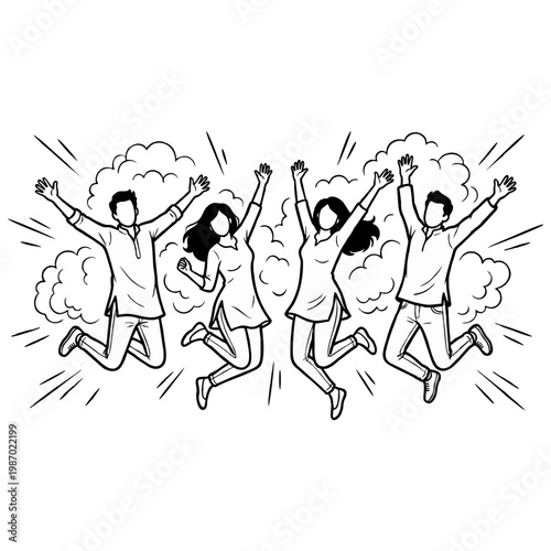 Dynamic vector graphic illustration featuring a diverse group of happy individuals energetically jumping with arms raised, celebrating achievement, freedom, and collective joy.