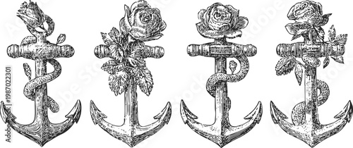 vintage nautical anchors wrapped with roses and snakes set detailed line art tattoo designs maritime and botanical illustration
