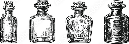 Set of four vintage glass bottles with cork stoppers in detailed black ink engraving
