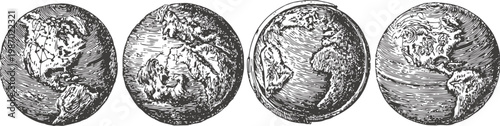 Hand drawn vintage earth illustrations showing different views of the globe in black and white
