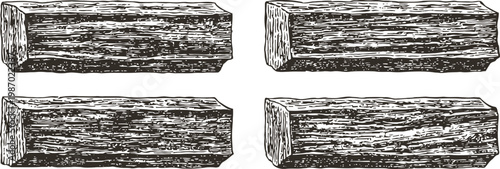 hand drawn vintage wooden logs set with detailed texture shading isolated illustration