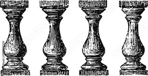 Vintage carved wooden baluster set antique spindle columns with detailed ornate designs and textured finish