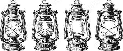 Vintage lantern collection hand drawn old kerosene lamp set classic retro lighting illustration black and white design