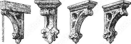 vintage architectural corbels collection ornate wooden brackets with detailed carvings and classical design elements