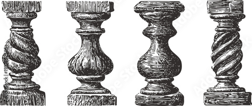 set of vintage wooden balusters with different turned designs and carved details