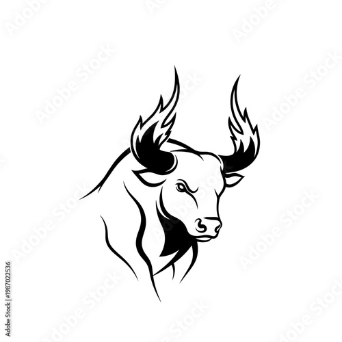 Angry Bull Head Silhouette Vector, Strong Animal Icon, Black and White