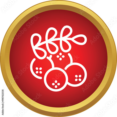 Cranberry berries on a branch inside a red circle with a gold border