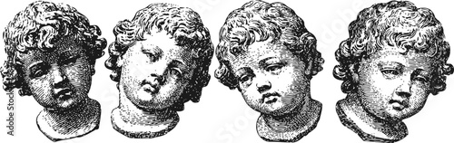 Vintage engraved cherub heads set four detailed angel faces with curly hair, classic antique illustration