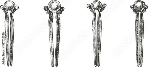 Vintage hairpin illustrations set, antique hairstyle accessories with decorative round tops, hand drawn art