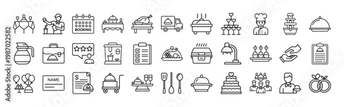 Outline icon collection representing catering services, food and beverages, and event planning