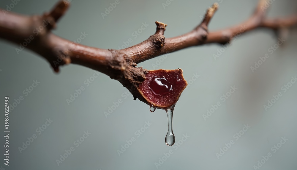 Obraz premium Close-up of a grapevine branch with oozing from a cut. Red liquid drips slowly from the wounded plant tissue. Detailed view shows a fresh wound on the woody stem.