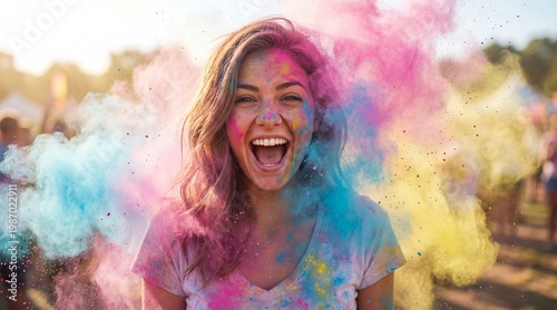 A vibrant scene of a woman, radiating joy, is immersed in a cloud of colorful powders, capturing the essence of pure delight and festive spirit. 