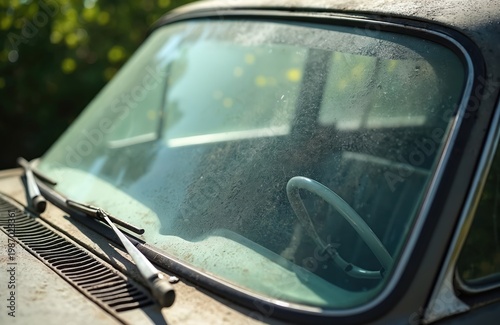 Close-up view of dusty, weathered windshield, dashboard of old car. Vehicle appears abandoned unused, with visible wiper marks, dirt. Sunlight filters through dirty glass, creating reflections.