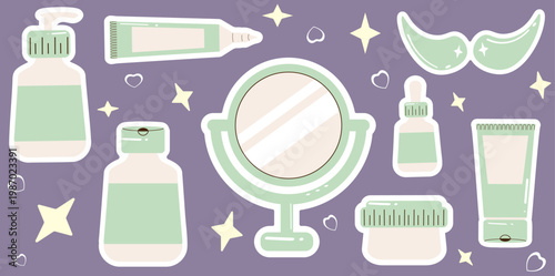 Skincare sticker collection featuring various beauty products, including a vanity mirror, eye patches, dropper bottles, and jars. Mint green and cream palette on a lavender background.