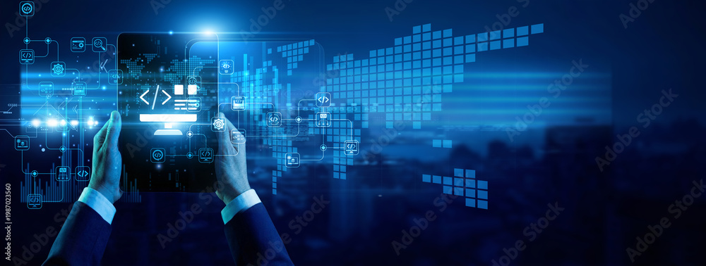 Fototapeta premium Software developer hands hold slim tablet Web Development coding interface. Creative programmers design responsive layouts using advanced frameworks. Web development and digital design.