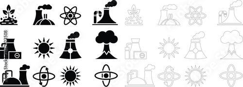 Energy Production & Power Sources Icon Set – Nuclear, Solar, Fossil, Renewable Symbols