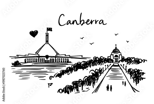 Canberra Sketch Displaying Parliament House and Australian War Memorial Along Anzac Parade, Capturing Australia's Capital City With People Exploring the National Landmarks During the Day